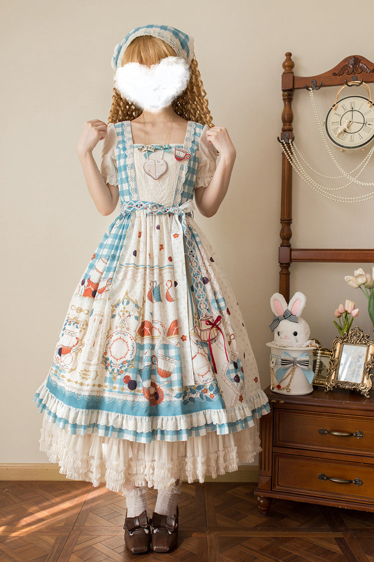Tea Party Print Short-Sleeve Ruffle Bowknot Elegant Lolita Dress