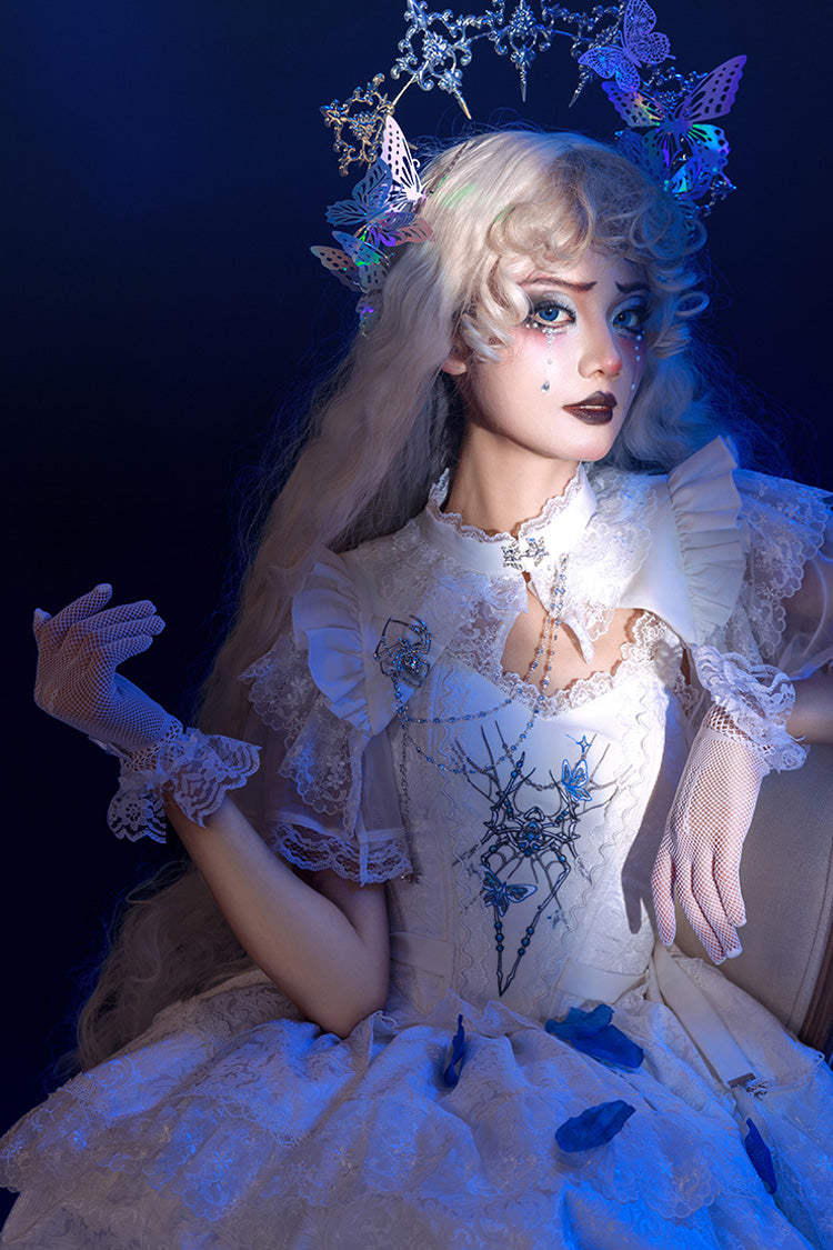 White Sleeveless Gothic Lace Skirt Set with Spider Bow