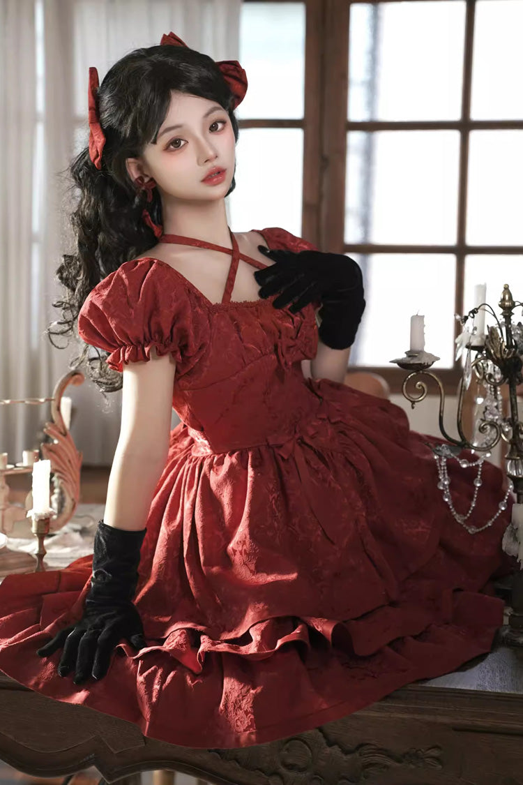 Red Thorn Rose Short Sleeve Multi-Layer Ruffle Bowknot Gothic Dress