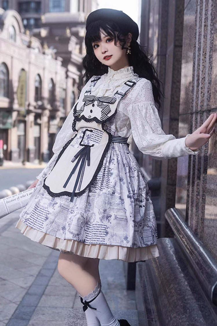 White Classic Lolita Strap Dress with Vintage Berlin Print and Apron