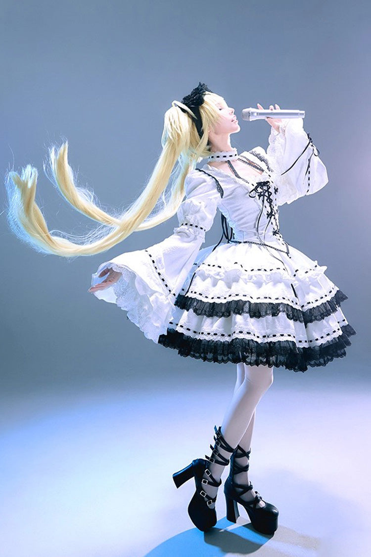 White Witch Long Sleeves Double-Layered Lace-Up Gothic Skirt Set