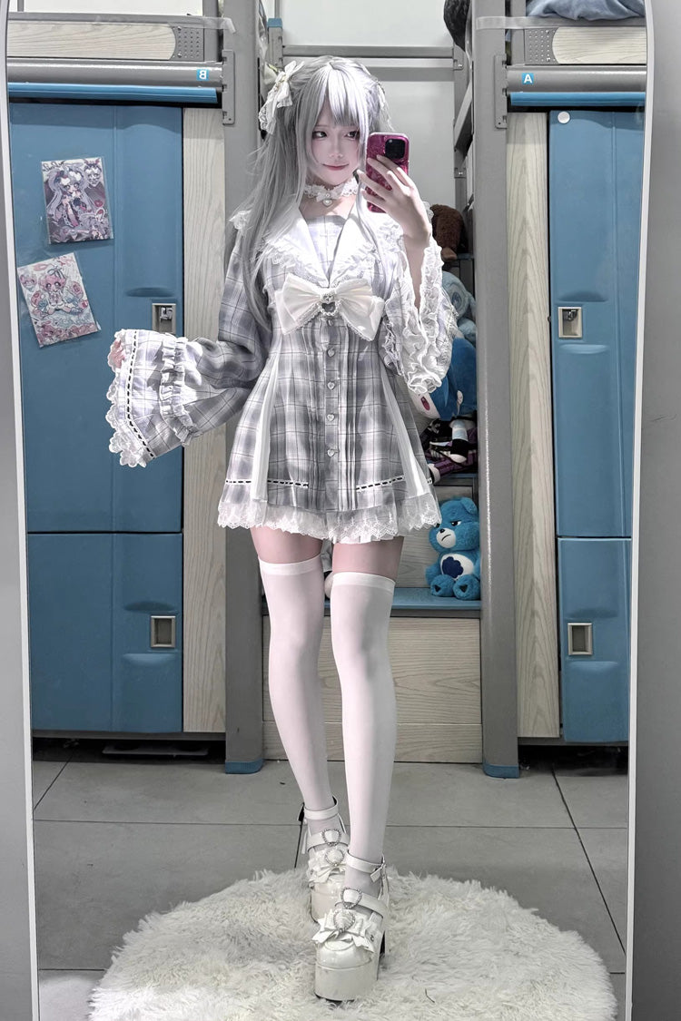 Dark Night Prayer Square Collar Long Sleeve Bow Lace Pearl Sweet Jirai Kei Dress and Shorts Set