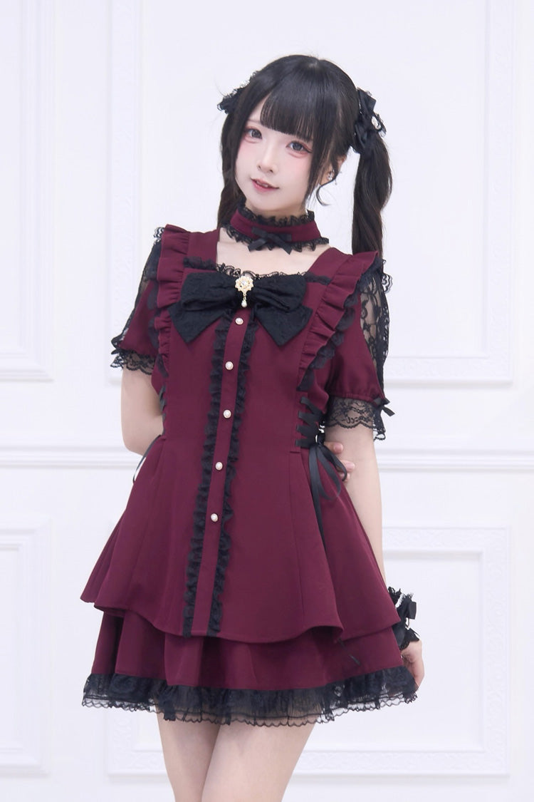 Scarlet Waltz Short Sleeve Ruffled Bow Gothic Jirai Kei Japanese Dress Set