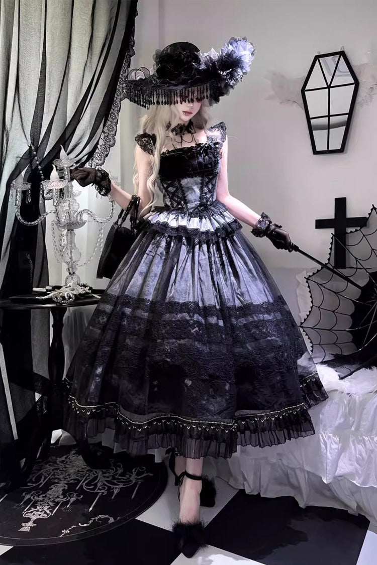 Sweet Lolita JSK Skirt Set with Ruffle Bowknot, Lace-Up, Grey/Blue Mist Vineyard