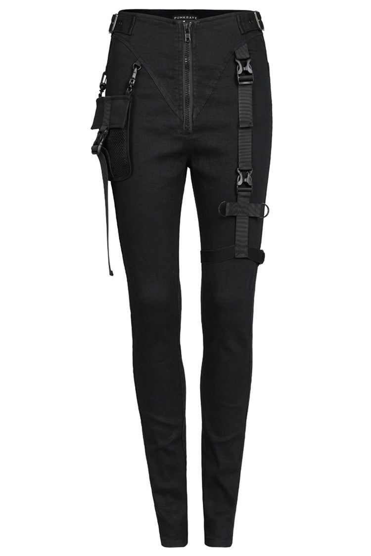Punk Functional Tooling Pocket Belt V-Split Zipper Women's Trousers