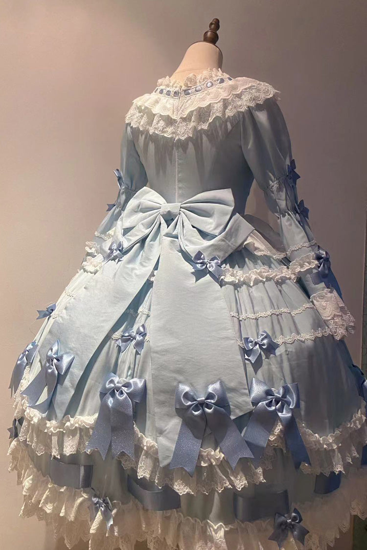 Blue Round Collar Long Trumpet Sleeve Bow Lace Elegant Princess Dress
