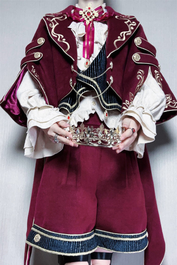 Crimson Royal Heir Embroidery Military Elegant Handsome Ouji Lolita Coat Blouse Shorts Set