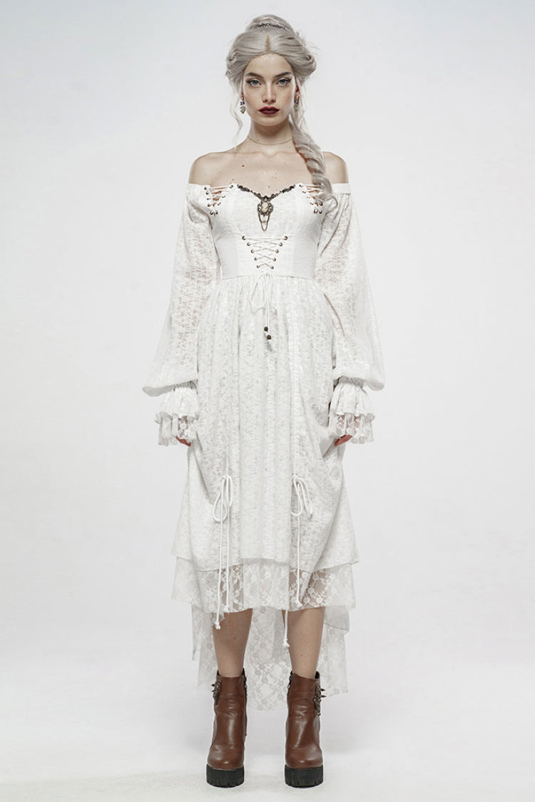Ivory Off-Shoulder Long Puff Sleeves Ruffle Mesh Gothic Dress