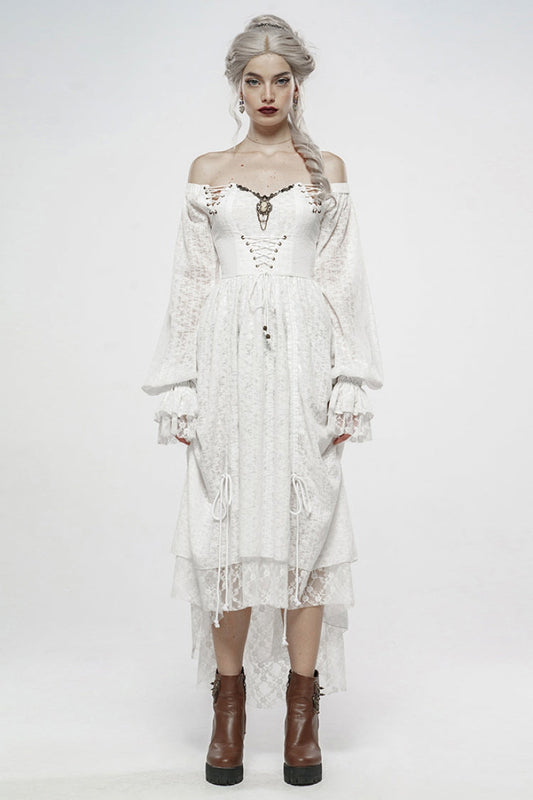 Ivory Off-Shoulder Long Puff Sleeves Ruffle Mesh Gothic Dress