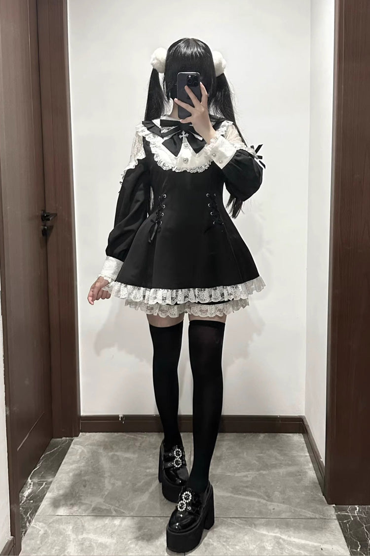 Black White Long Sleeve Hollow Bow Lace Lace-Up Sweet Jirai Kei Shorts Set