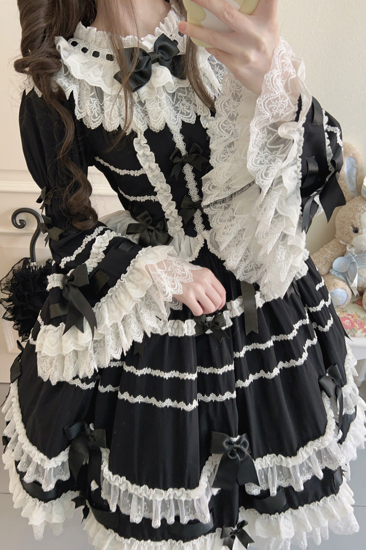 Black Round Collar Long Trumpet Sleeve Bow Lace Elegant Princess Dress