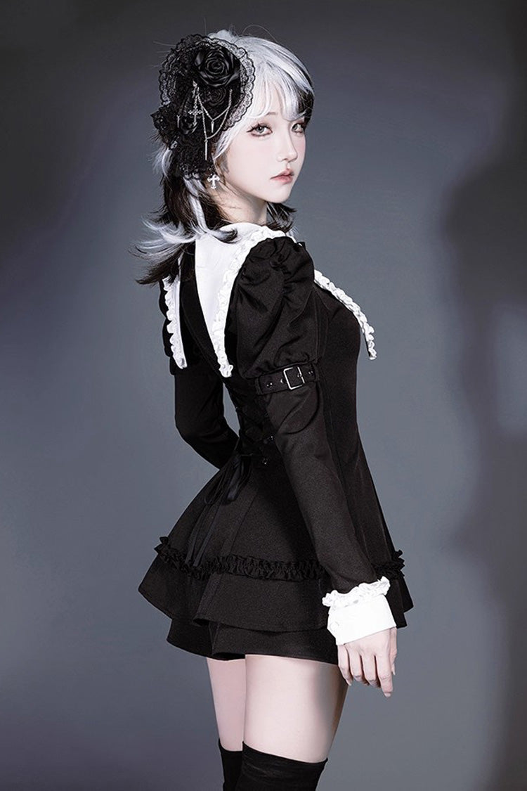Black and White Sorceress Set with Ruffled Sleeves - Jirai Kei Style