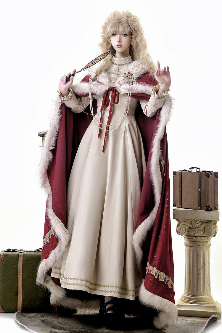 Crimson Royal Coronation Embroidered Luxurious European Court Lolita Dress with Cape Set