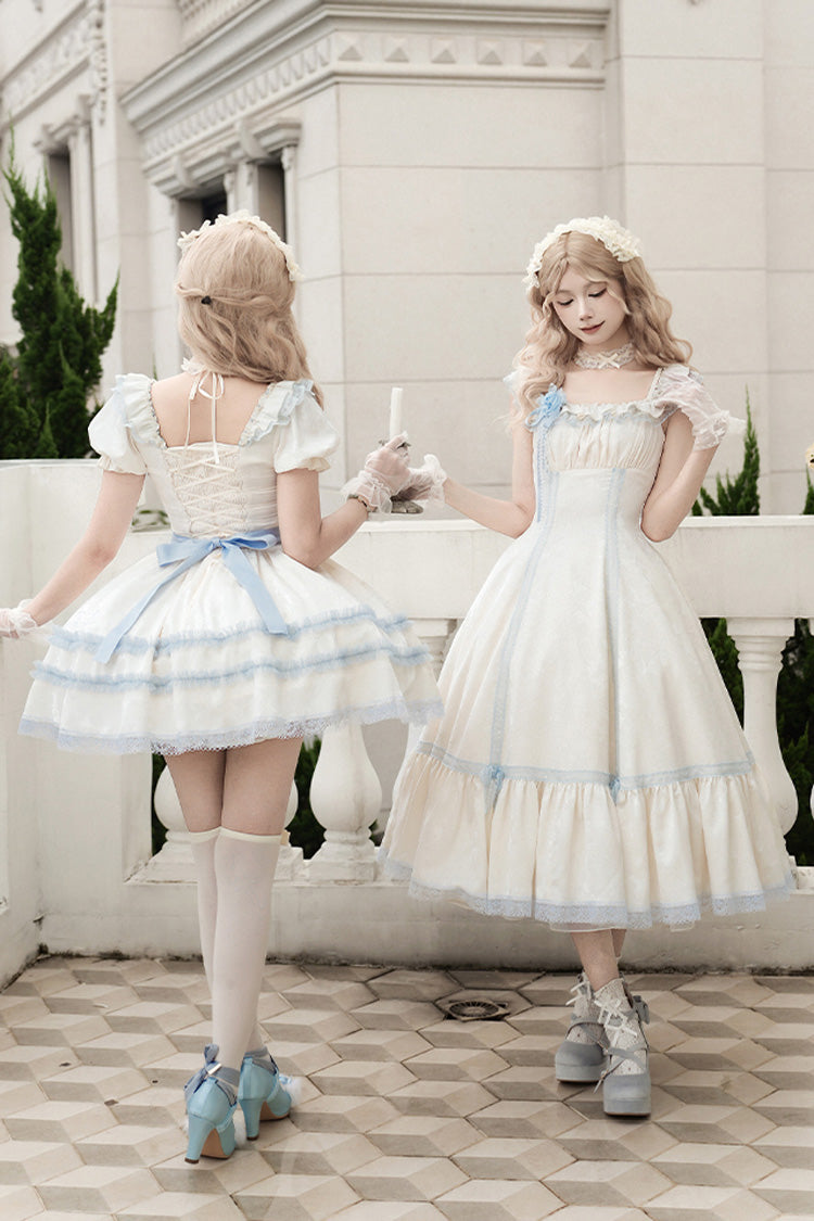 Ivory Square Collar Short Sleeve Ruffle Fishbone Sweet Short Dress - Sea Salt Iced Tea