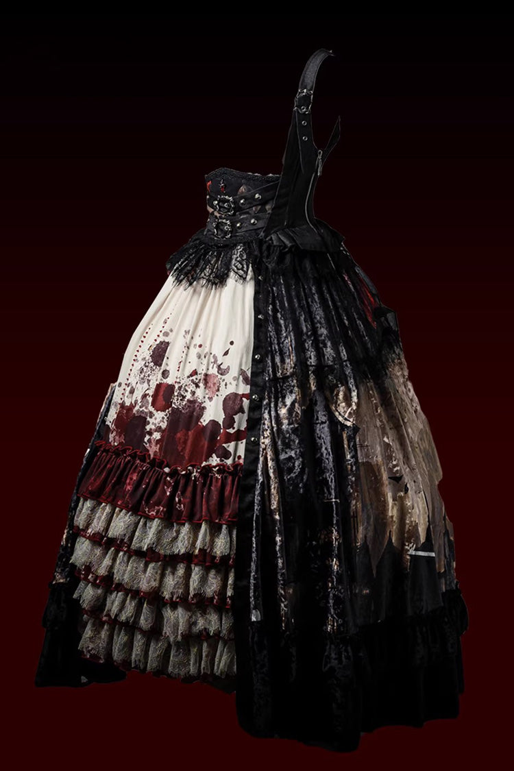 Sleeveless Multi-Layered Printed Ruffled Open-Front Gothic Plus Size Lolita Strap Dress