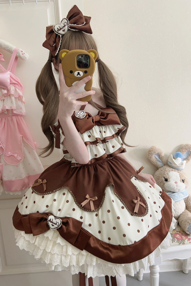 Chocolate Brown Cream Polka Dot Ruffled Bowknot Sweet Lolita JSK