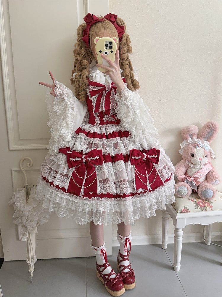 Hanayome Big Decoration Red Tiered Dress Skirt Bows Lolita