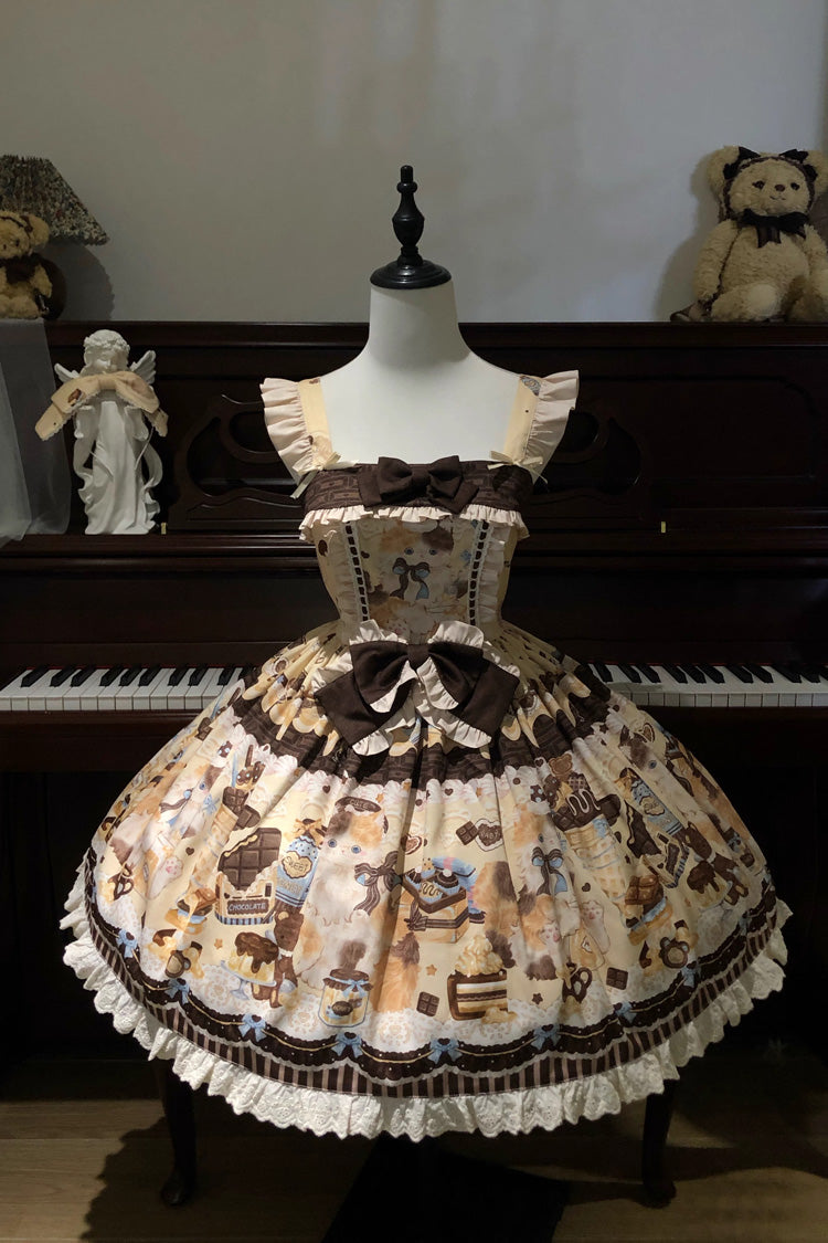 Square Collar Sleeveless Ruffled Bow Daily JSK Dress in 2 Colors - Chocolate Cake Party