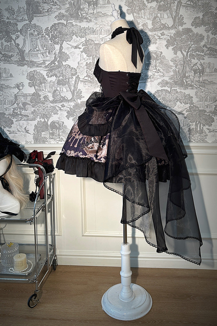 Black Halterneck Print Bowknot Drawstring Gothic Lolita Dress