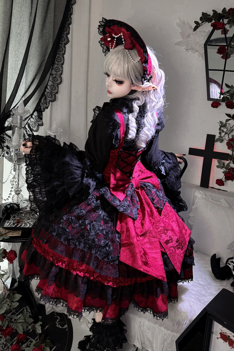 Crimson Ebony Sleeveless Ruffle Bow Lace Corset Gothic Ballet Jumper Dress - Rose Princess