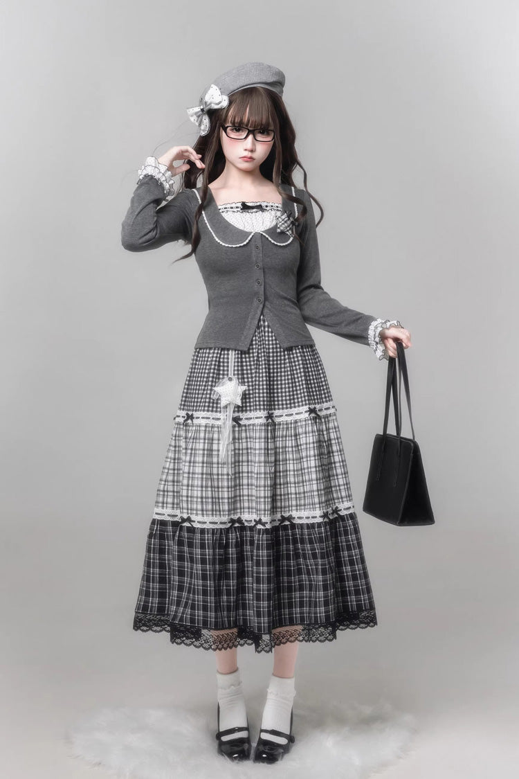 Sweet Lolita Skirt Set with Square Collar, Cut-Out Lace, Star Print, Grey