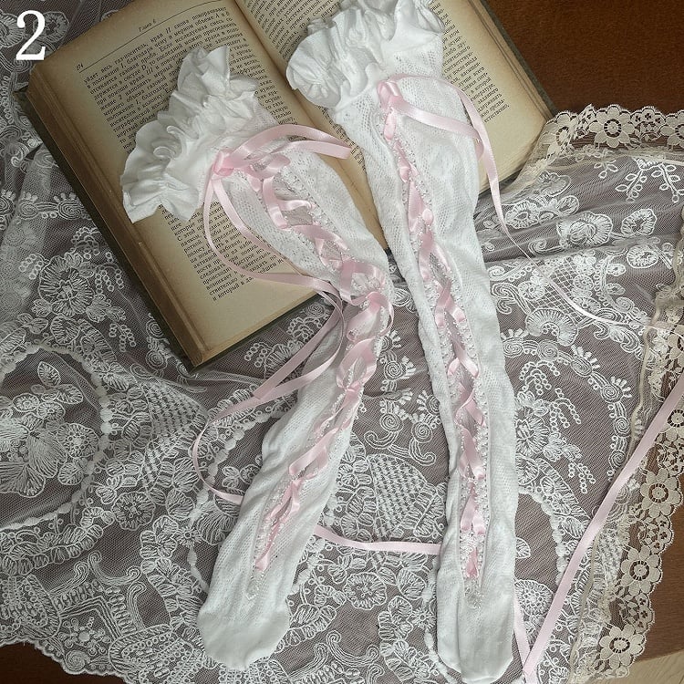 Lace-up Pink With Stockings Bowknot Loop Underknee Detail Leg