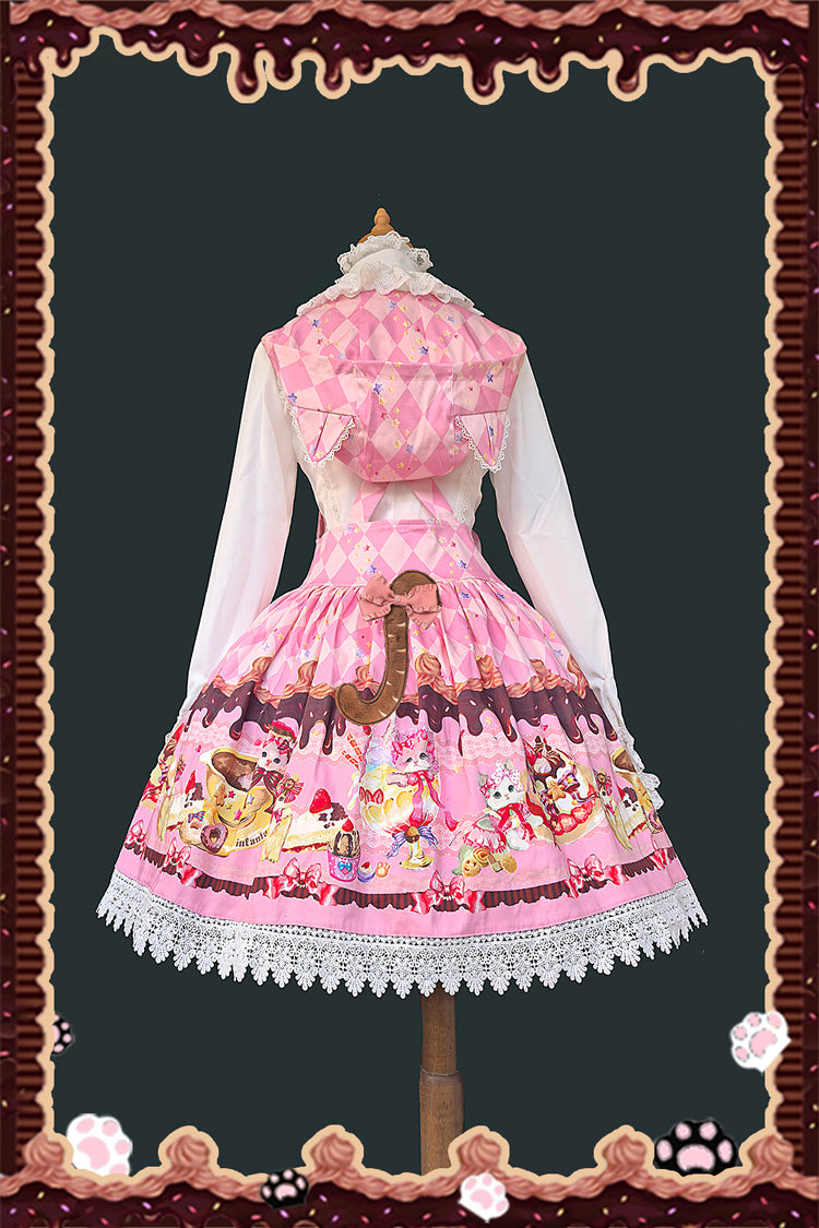 Hooded Strap Dress with Print and Bow in 3 Shades - Cream Meow