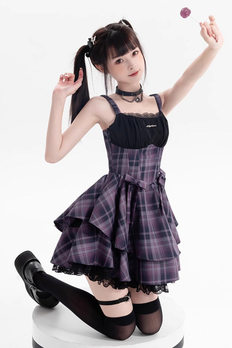 Purple Magic Cat Double-Layered Stripe Print Bow Sweet Lolita Jumper