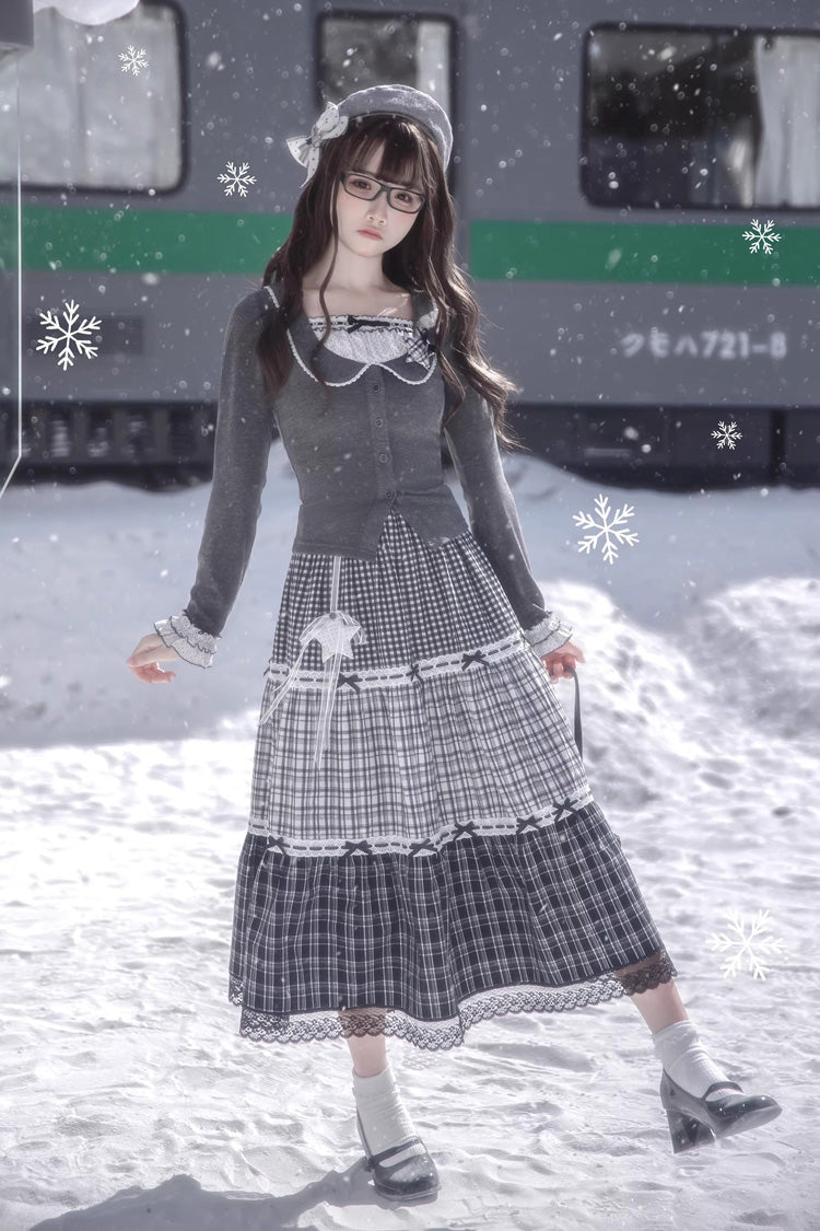 Sweet Lolita Skirt Set with Square Collar, Cut-Out Lace, Star Print, Grey