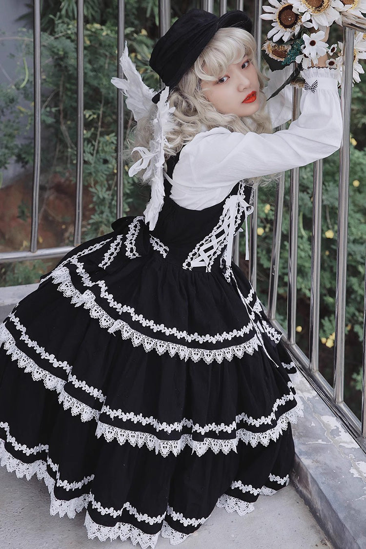 Black and White Three-Tiered Sweet Lolita Dress with Ribbon and Sleeveless