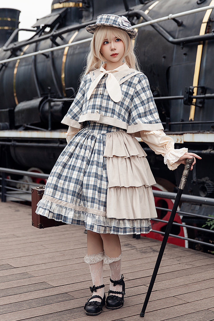 Sweet Lolita Strap Dress with Asymmetric Ruffle, High Waist, Grey/Blue Morning Tune