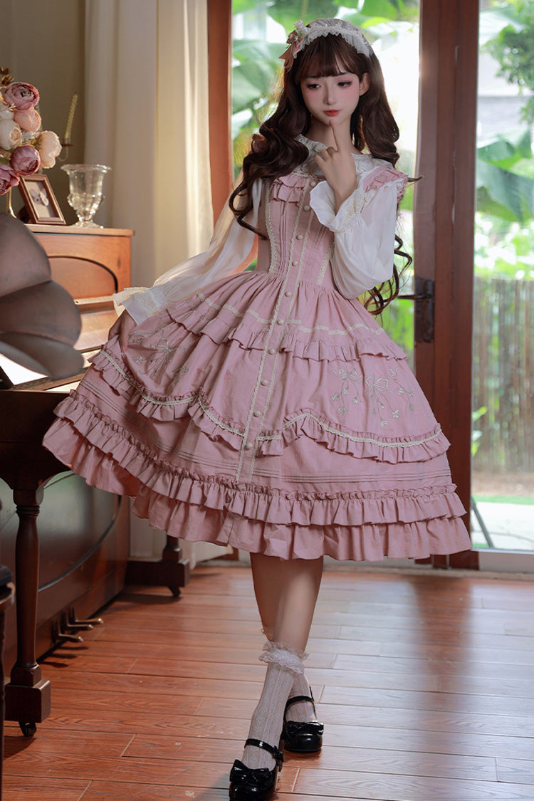 Pink Pastoral Double Ruffled Embroidery Sweet Lolita Jumper Dress