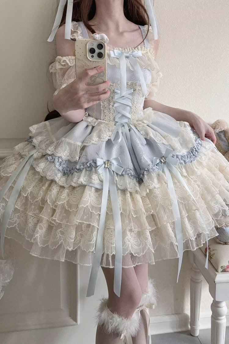 Azure Sleeveless Layered Ruffle Bow Lace Corset Ballet Jumper Dress - Ribbon Heart Love