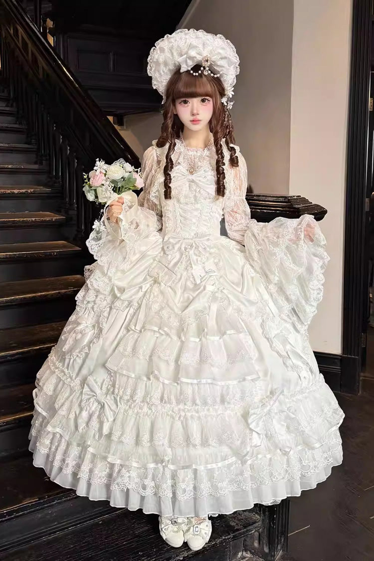 White Ode of the Curtain Multi-Layered Ruffled Hanayome Open-Front Bow Lace Lace-Up Sweet Long Jsk Dress