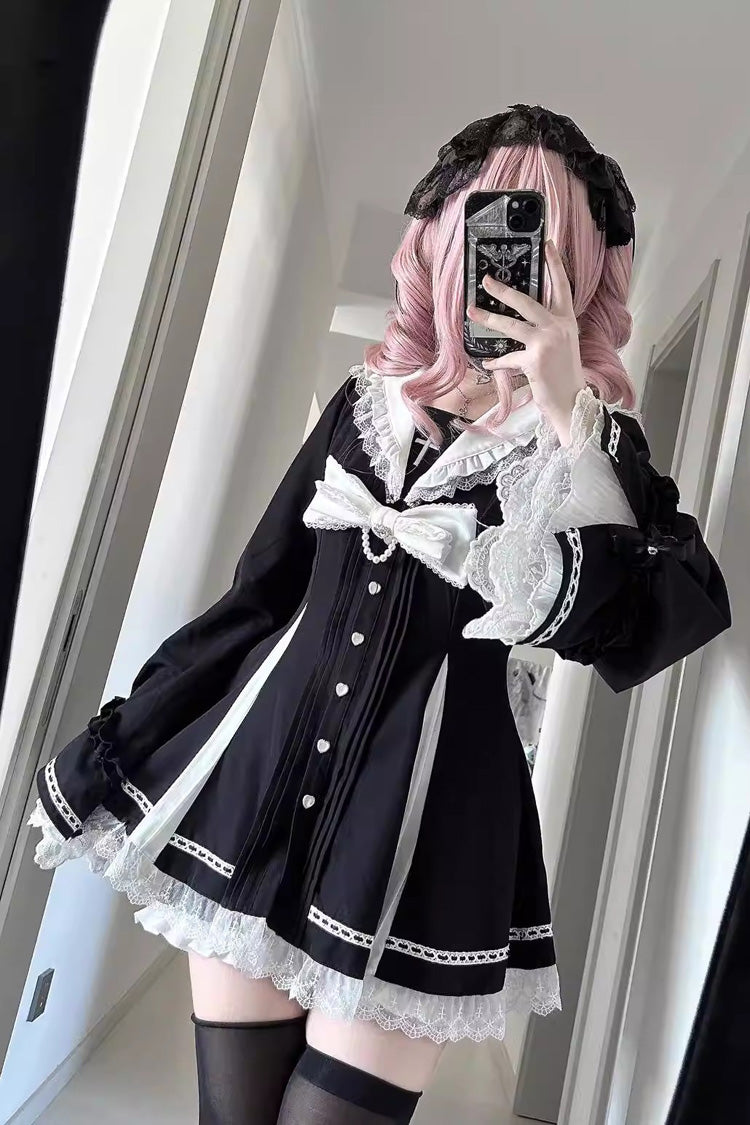 Dark Night Prayer Square Collar Long Sleeve Bow Lace Pearl Sweet Jirai Kei Dress and Shorts Set