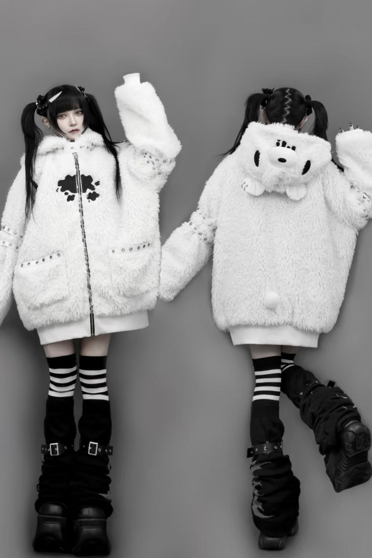 White Long Sleeve Bear Ear Hooded Zippered Gothic Jirai Kei Coat