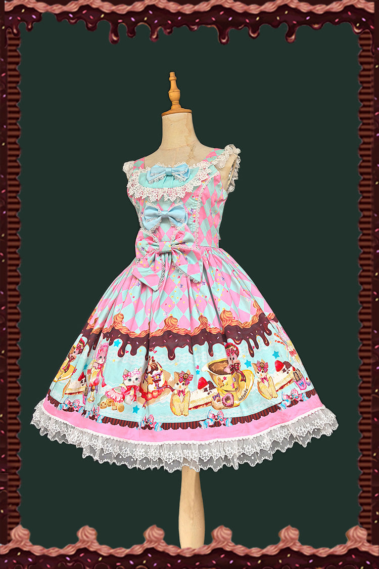 Sleeveless Lace Bow Print Sweet JSK Dress in 3 Colors - Cream Meow