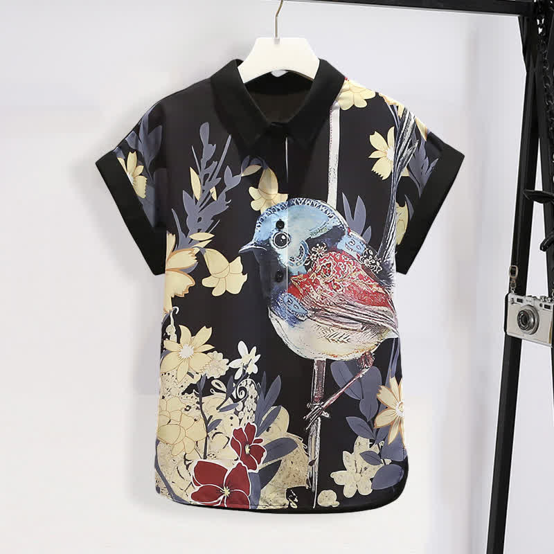 Bird Floral Print Chiffon T-Shirt Casual Shorts