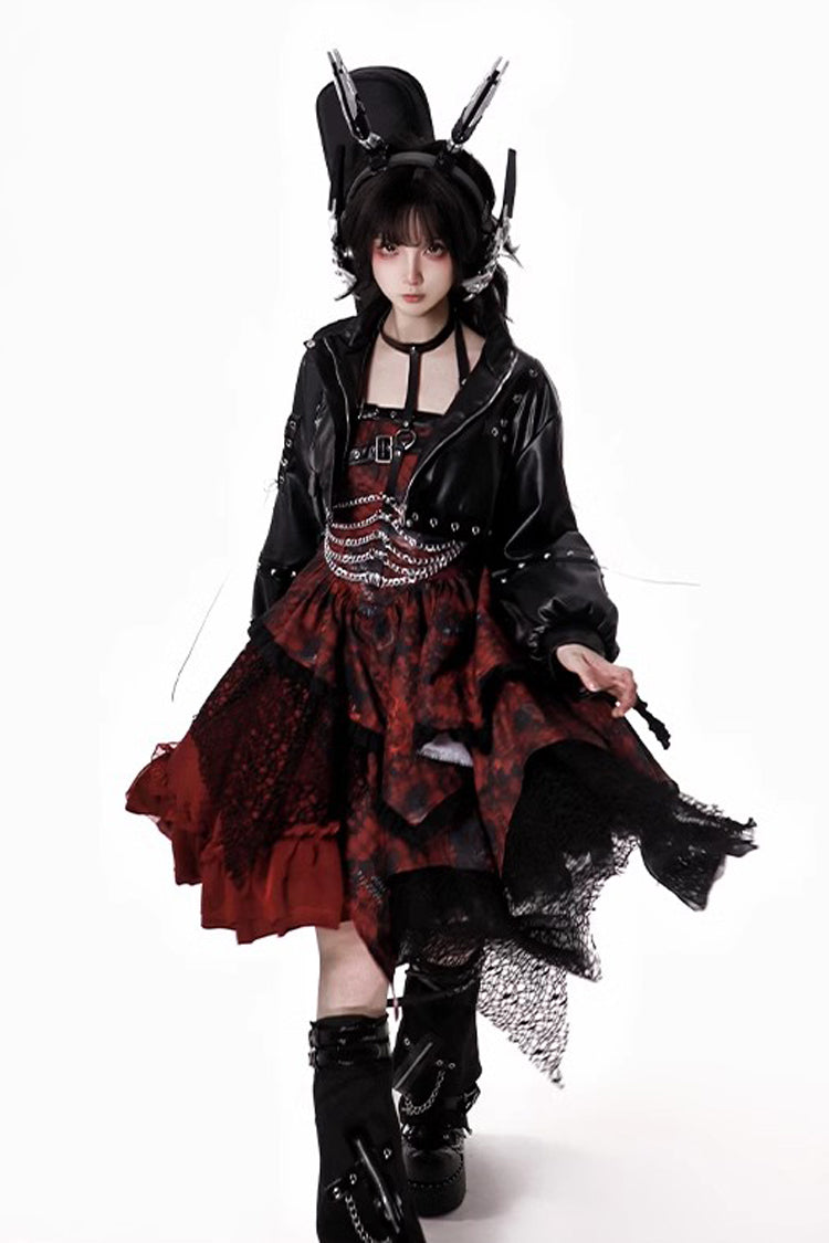 Crimson Bloody Strawberry Tears Print Sleeveless Frill Bow Lace Asymmetrical Gothic Lolita JSK