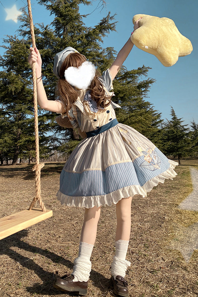 Navy Star-Print Ruffle Sleeveless Bowknot Sweet Lolita Dress