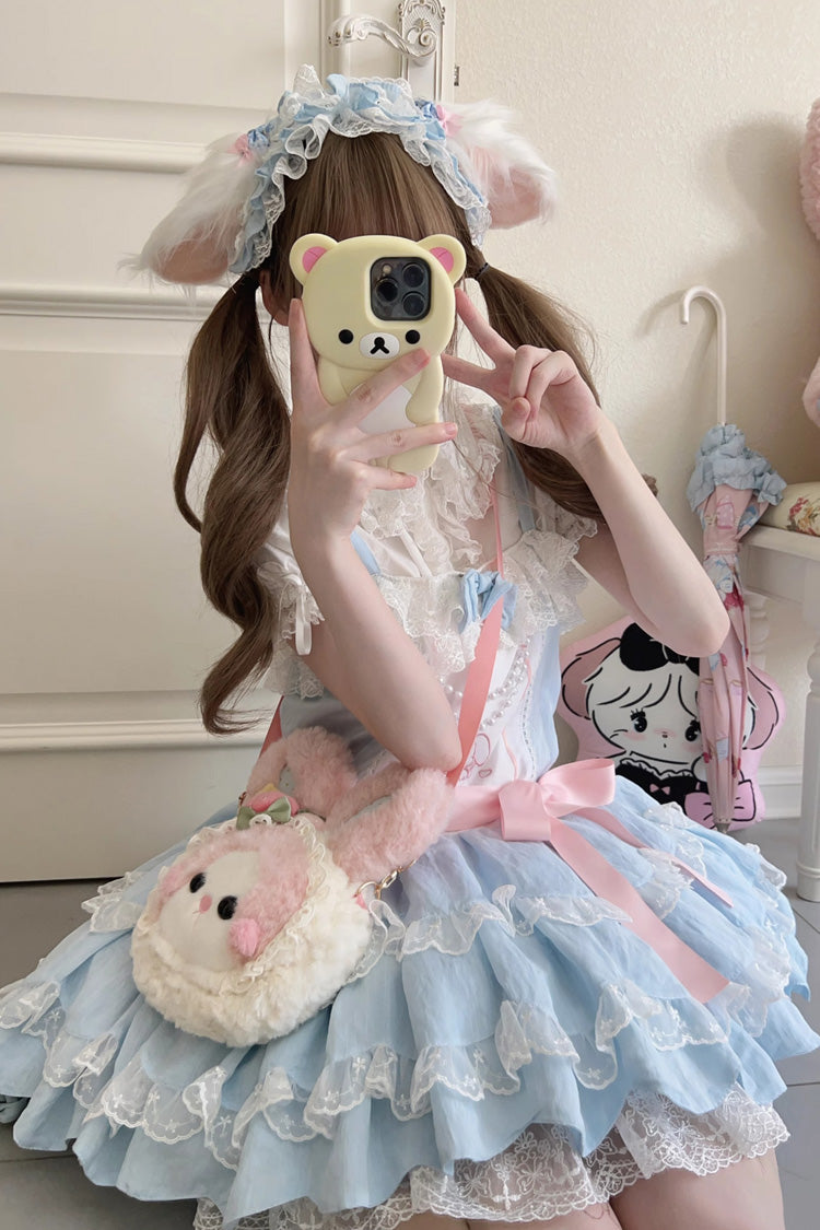 Blue Sleeveless Double Layer Ruffle Rabbit Embroidery Bow Lace Sweet Jsk