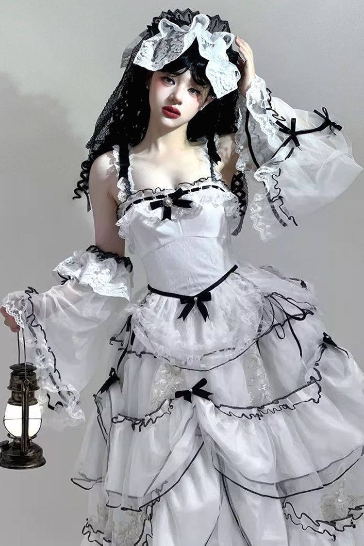 Cascade Poem Sleeveless Multi-Layered Ruffled Hanayome Bow Lace Gothic Plus Size Gorgeous Lolita JSK Long Dress - White