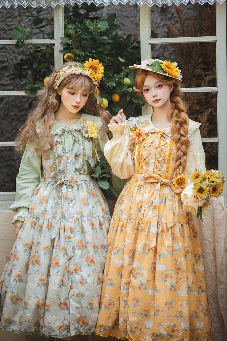 Green Sunflower Sleeveless Floral Bow Elegant Jsk Dress