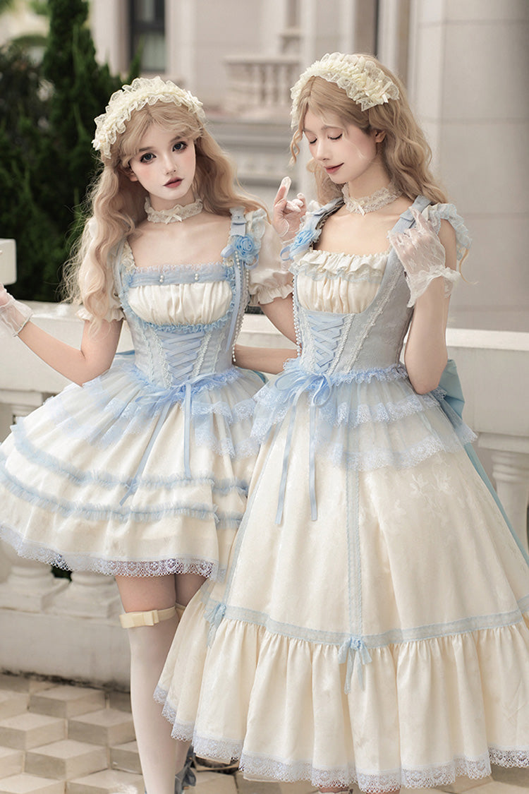 Ivory Square Collar Flutter Sleeve Ruffle Fishbone Sweet Long Jumper - Sea Salt Iced Tea