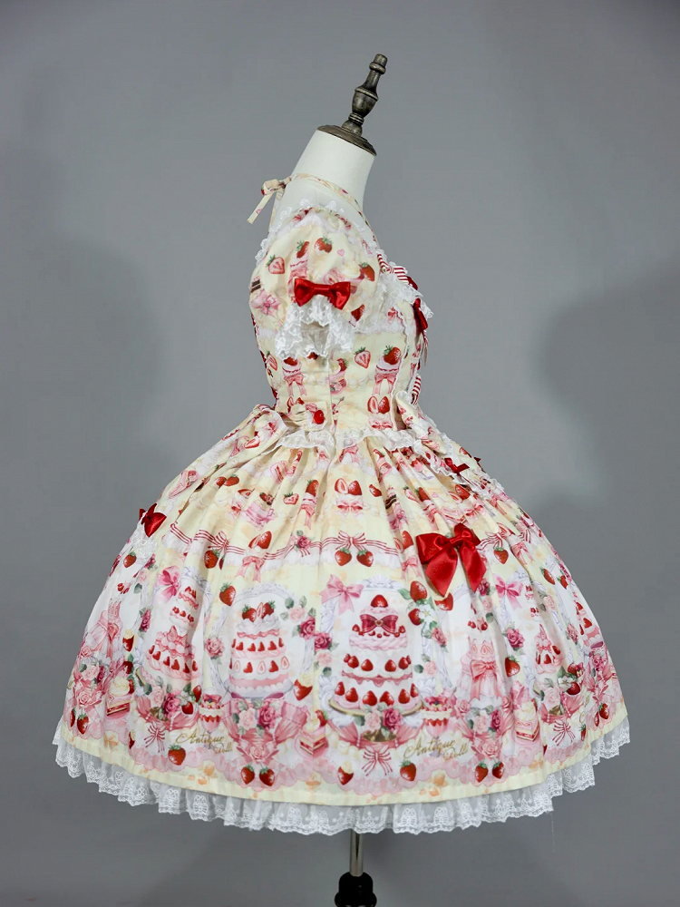 Accents Print Lolita Full Sweet Yellow Cake Bow Set Dress / Strawberry