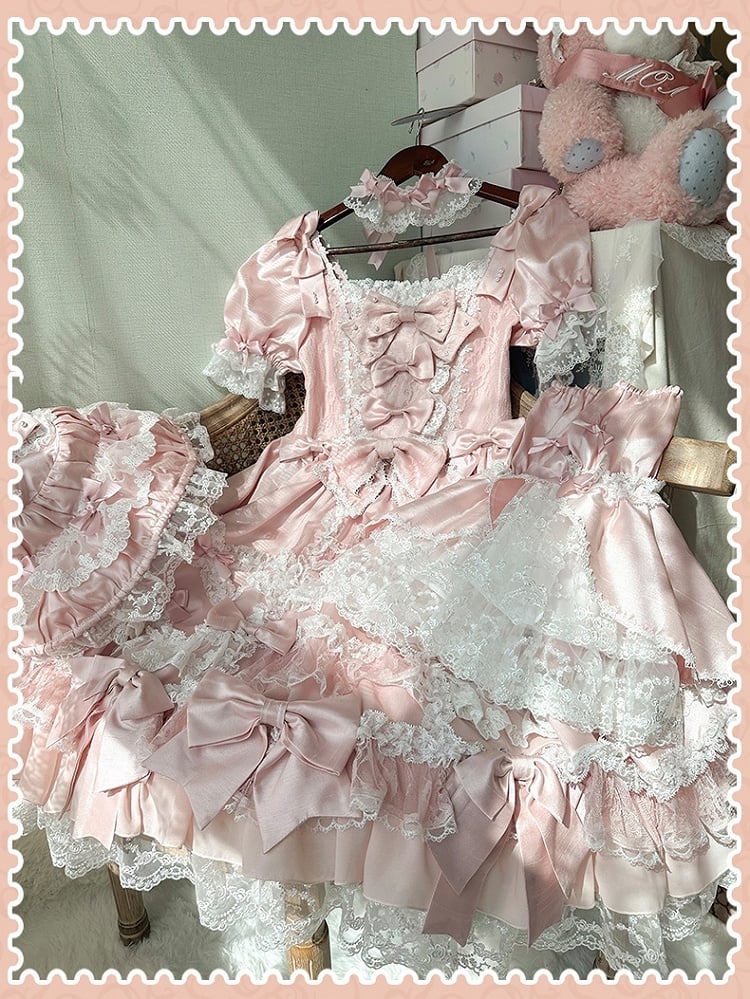 Sleeves Princess Bow Detachable with Dress Sweet High Waist Accents Lolita Pink