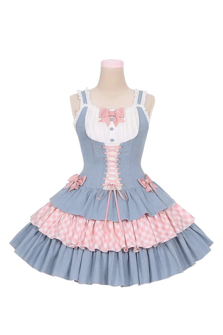 Blue Pink Rock Ballet Printed Triple-Layered Ruffled Bow Lace-Up Sweet Jsk Dress