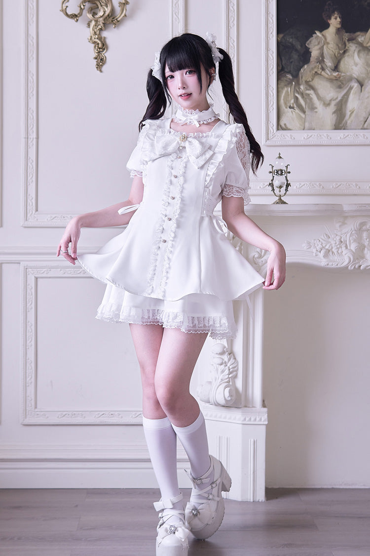 White Short Sleeve Ruffled Bow Gothic Jirai Kei Dress Set