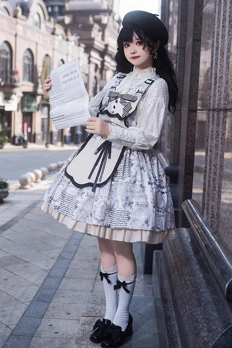 White Classic Lolita Strap Dress with Vintage Berlin Print and Apron