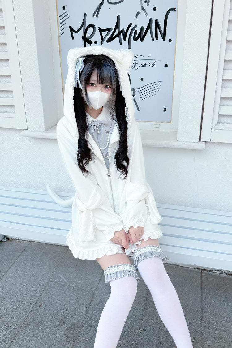 Ivory Cat Ear Hooded Ruffled Bow Accent Dark Jirai Kei Coat